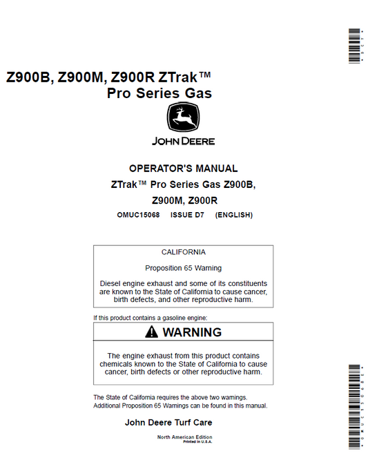 OMUC15068 John Deere Z900B Z900M Z900R ZTrak Pro Gas Operator Manual