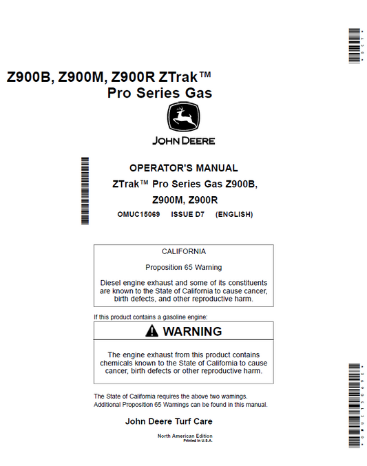OMUC15069 John Deere Z900B/Z900M/Z900R ZTrak Pro Gas Operator Manual