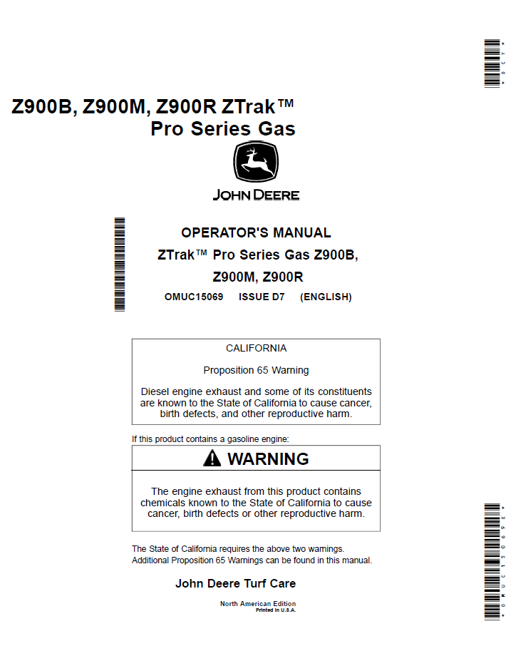 OMUC15069 John Deere Z900B Z900M Z900R ZTrak Pro Series Operator Manual