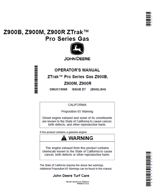 OMUC15069 John Deere Z900B Z900M Z900R ZTrak Pro Series Operator Manual