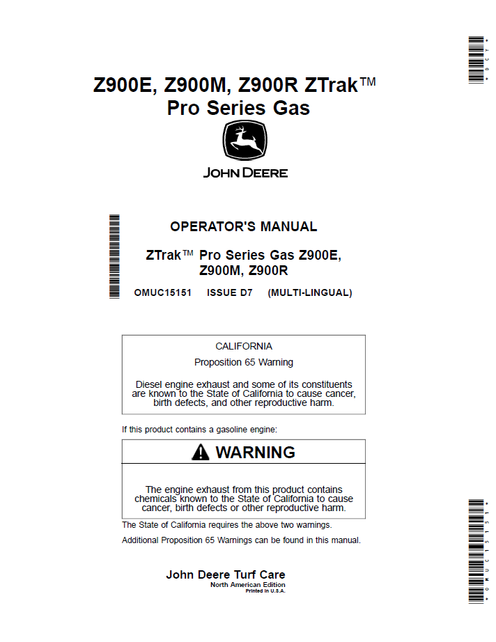 OMUC15151 - JOHN DEERE Z900E, Z900M, Z900R ZTRAK™ PRO SERIES GAS OPERATOR MANUAL