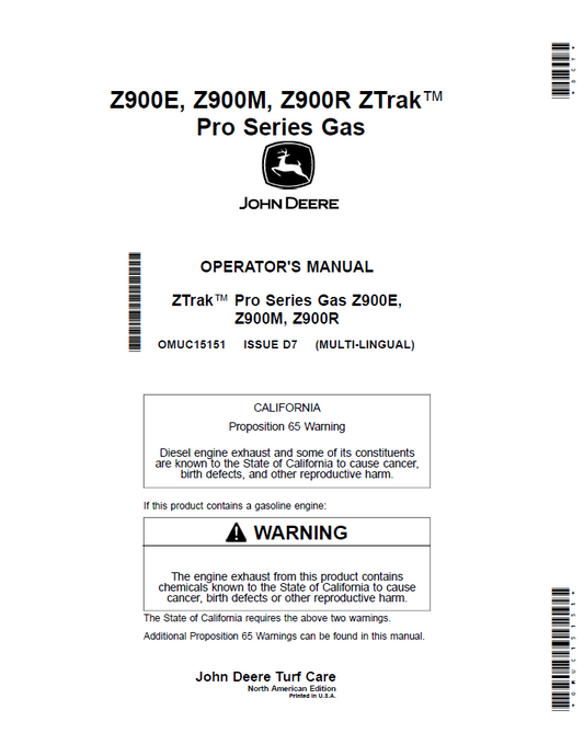 OMUC15151 - JOHN DEERE Z900E, Z900M, Z900R ZTRAK™ PRO SERIES GAS OPERATOR MANUAL