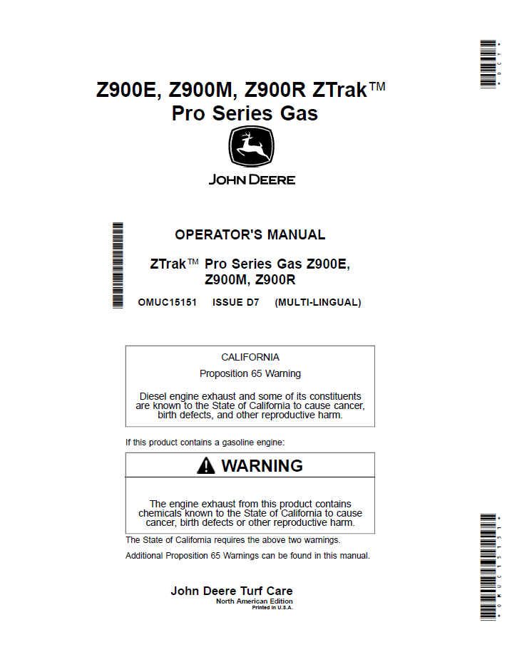 OMUC15151 John Deere Z900E, Z900M & Z900R ZTrak Pro Gas Manual