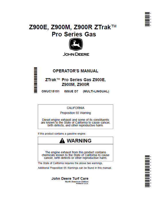 OMUC15151 John Deere Z900E, Z900M & Z900R ZTrak Pro Gas Manual