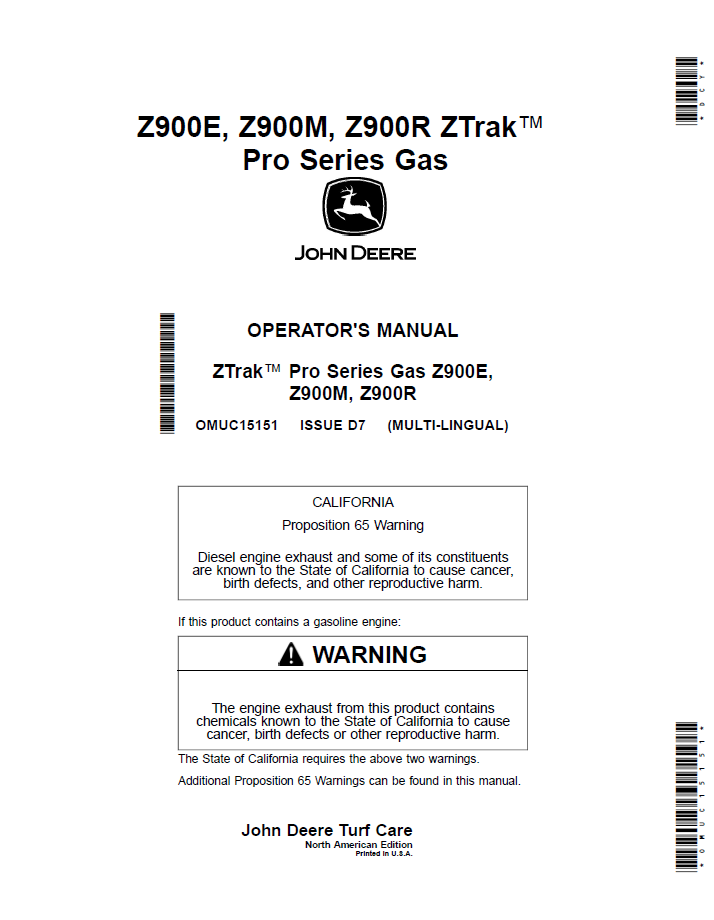 OMUC15151 John Deere Z900E/Z900M/Z900R ZTrak Pro Gas Operator Manual