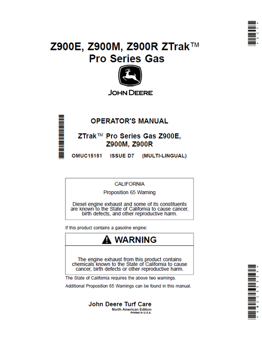 OMUC15151 John Deere Z900E/Z900M/Z900R ZTrak Pro Gas Operator Manual