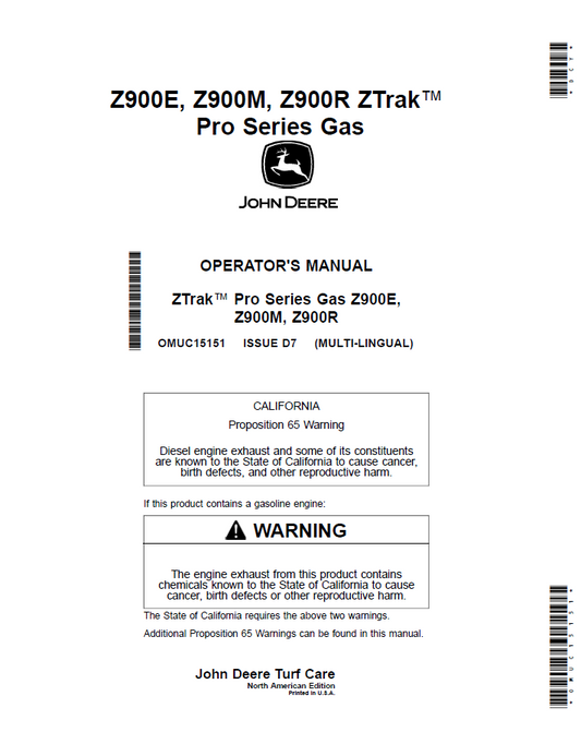 OMUC15151 John Deere Z900E Z900M Z900R ZTrak Pro Series Operator Manual