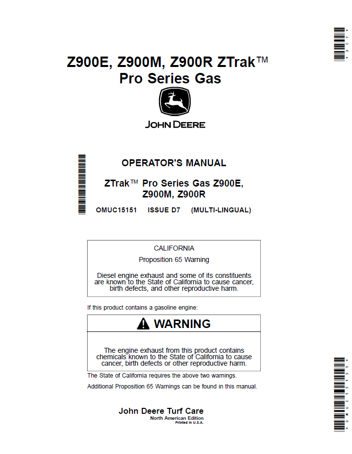 OMUC15151 John Deere Z900E, Z900M & Z900R ZTrak Pro Gas Manual
