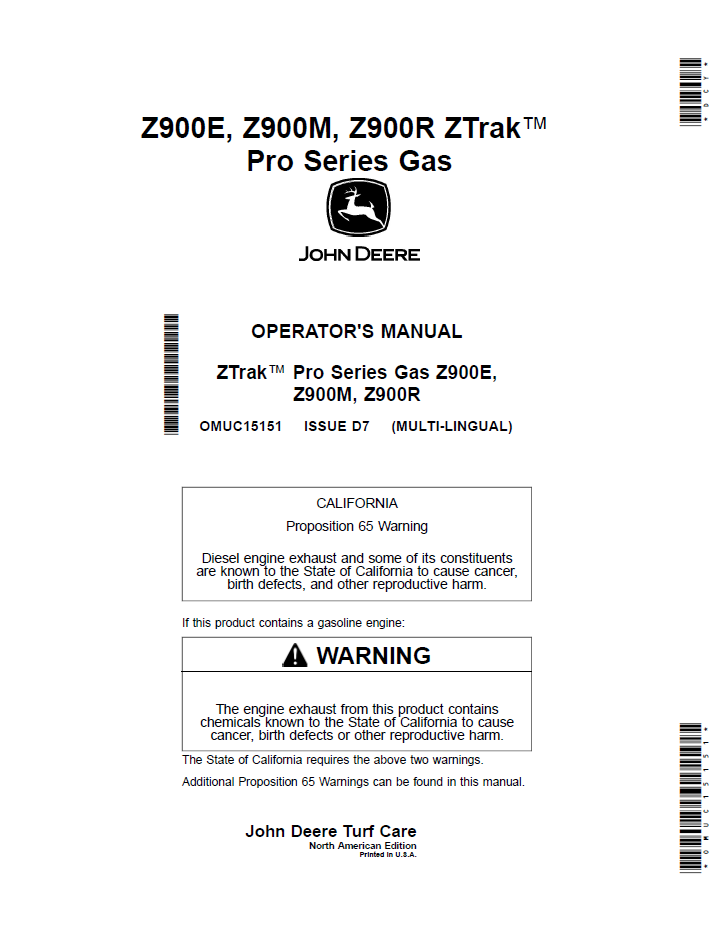 OMUC15151 John Deere Z900 ZTrak Pro Gas Operator Manual Guide