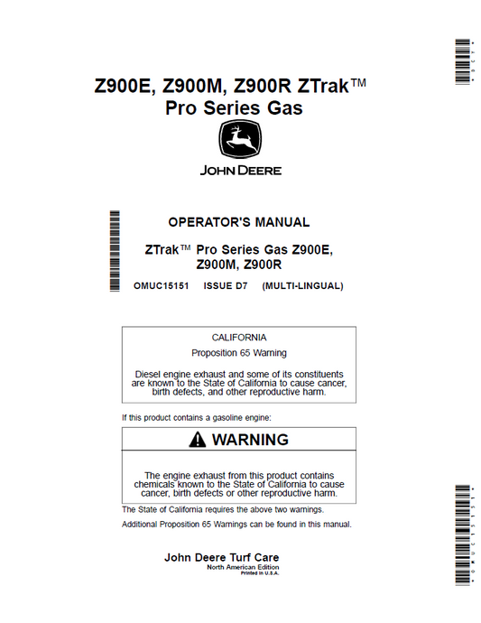 OMUC15151 John Deere Z900 ZTrak Pro Gas Operator Manual Guide