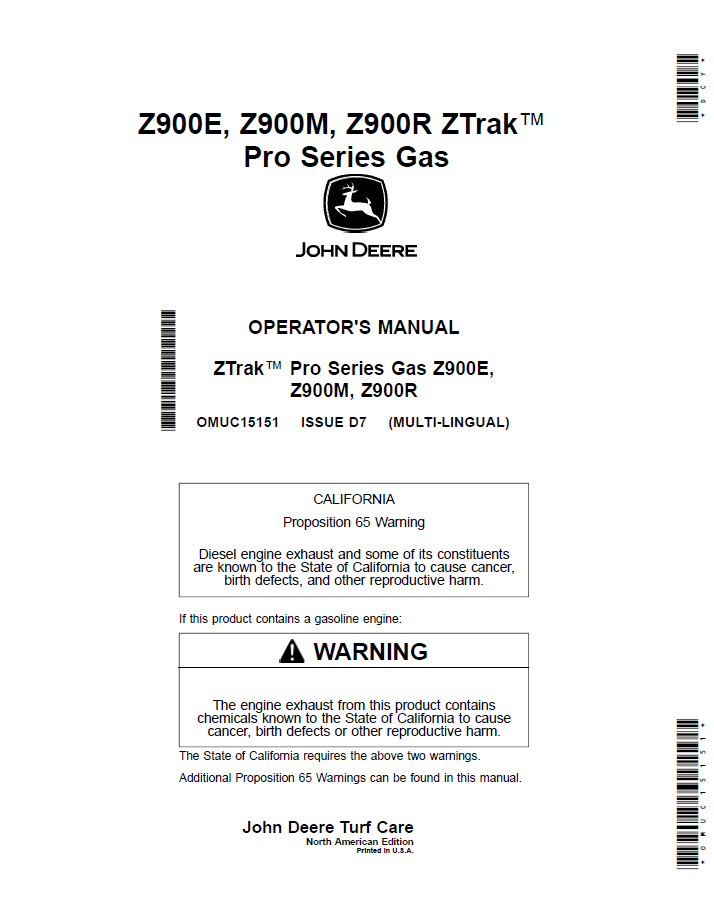 OMUC15151 John Deere Z900 ZTrak Pro Series Gas Operator Manual Guide
