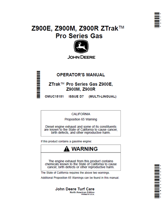 OMUC15151 John Deere Z900 ZTrak Pro Series Gas Operator Manual Guide