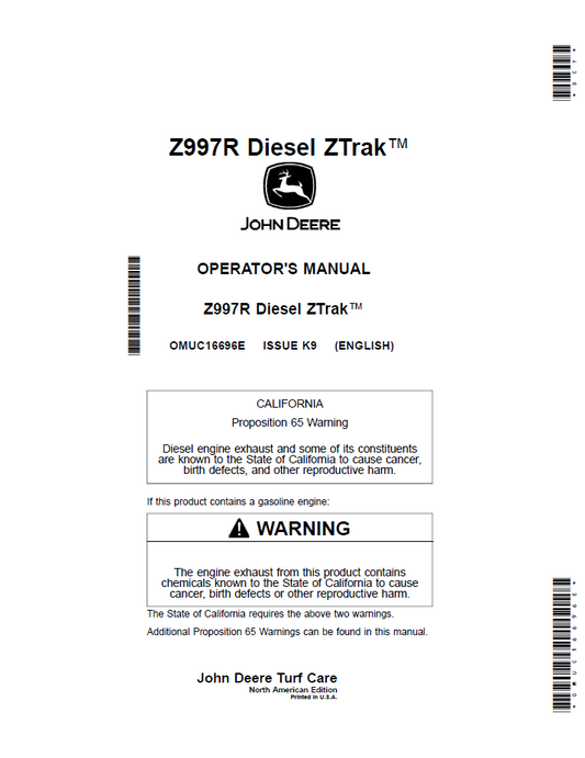  OMUC16696E John Deere Z997R Diesel ZTrak Operator Manual PDF Download