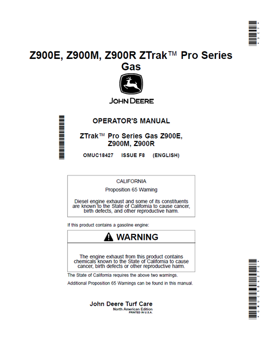 OMUC18427 - JOHN DEERE Z900E, Z900M, Z900R ZTRAK™ PRO SERIES GAS OPERATOR MANUAL