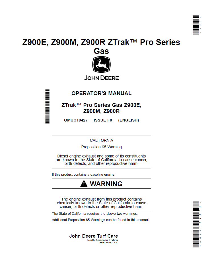OMUC18427 John Deere Z900E/Z900M/Z900R ZTrak Pro Gas Manual