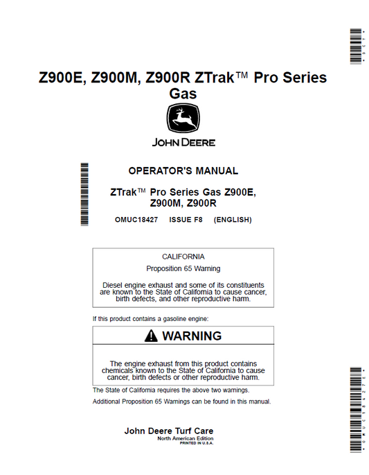 OMUC18427 John Deere Z900E Z900M Z900R ZTrak Pro Gas Operator Manual