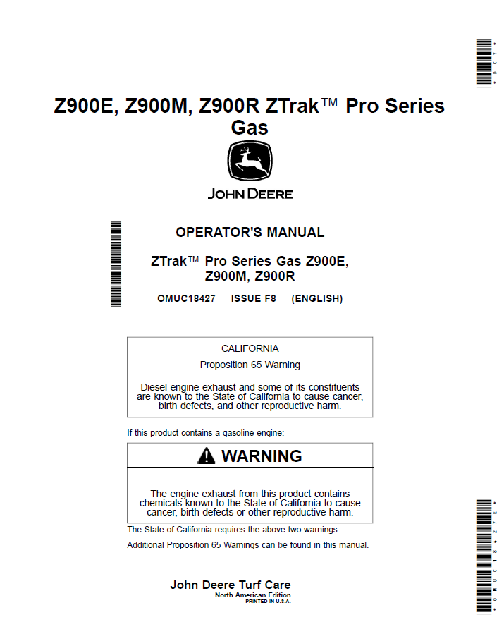 OMUC18427 John Deere Z900E, Z900M & Z900R ZTrak Pro Series Gas Operator Manual