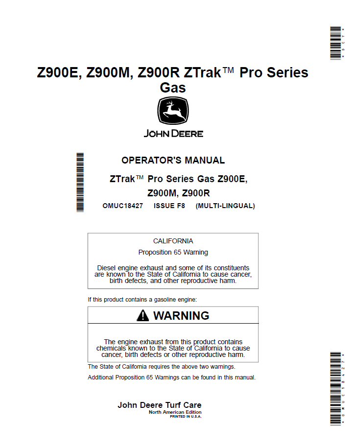 OMUC18427 John Deere Z900E Z900M Z900R ZTrak Pro Series Operator Manual