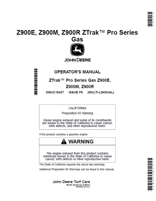 OMUC18427 John Deere Z900E Z900M Z900R ZTrak Pro Series Operator Manual