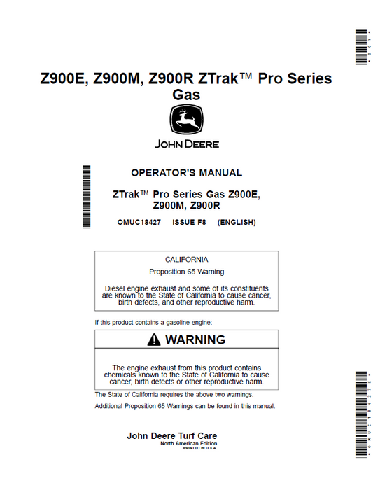 OMUC18427 John Deere Z900 Series ZTrak Pro Gas Operator Manual Guide
