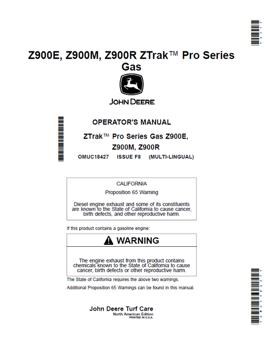 OMUC18427 John Deere Z900 ZTrak Gas Operator Manual