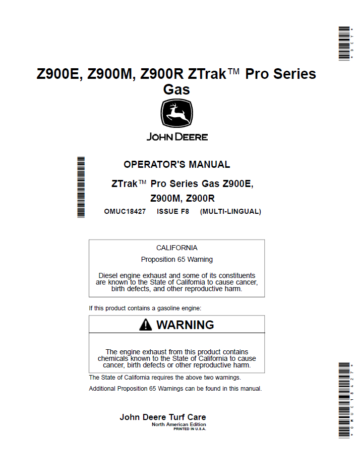 OMUC18427 John Deere Z900 ZTrak Pro Series Gas Operator Manual PDF