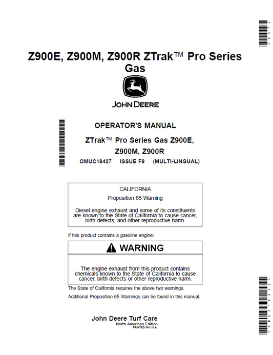 OMUC18427 John Deere Z900 ZTrak Pro Series Gas Operator Manual PDF