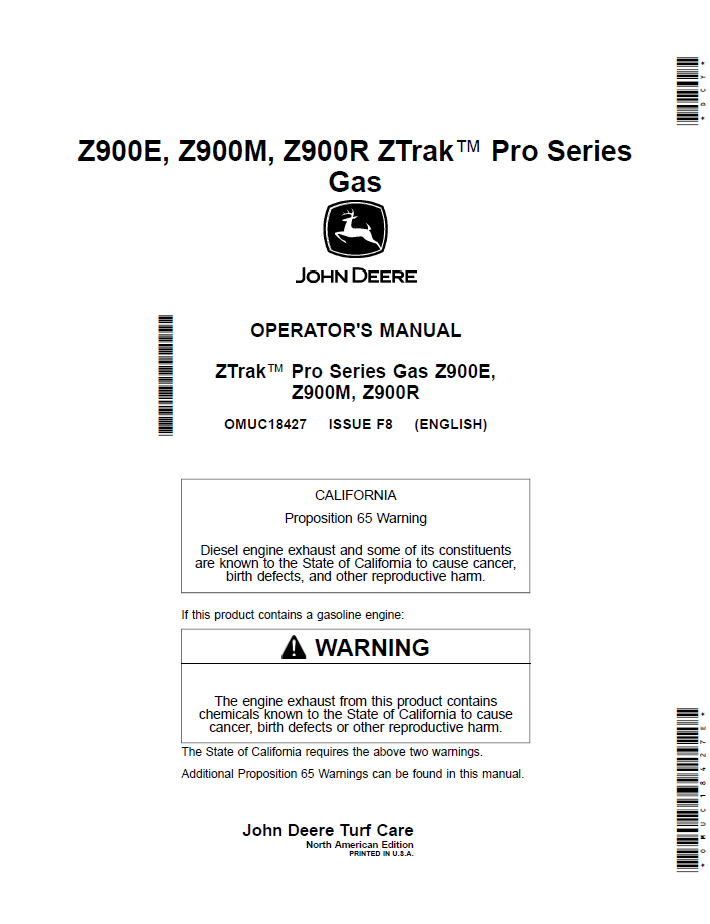 OMUC18427 John Deere Z900 ZTrak Pro Series Gas Operator Manual (Z900E/Z900M/Z900R)