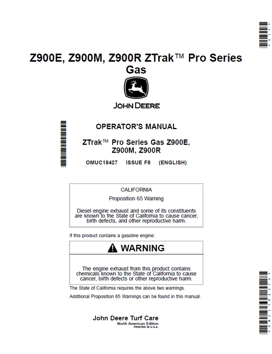 OMUC18427 John Deere Z900 ZTrak Pro Series Gas Operator Manual (Z900E/Z900M/Z900R)