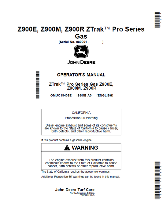 OMUC18439E John Deere Z900E/Z900M/Z900R ZTrak Gas Operator Manual PDF