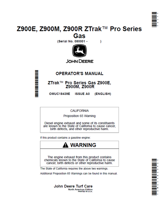 OMUC18439E John Deere Z900E Z900M Z900R ZTrak Pro Gas Manual