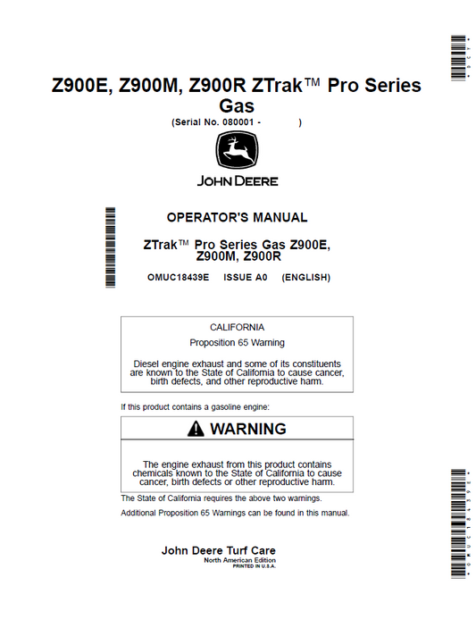 OMUC18439E John Deere Z900E Z900M Z900R ZTrak Pro Gas Operator Manual