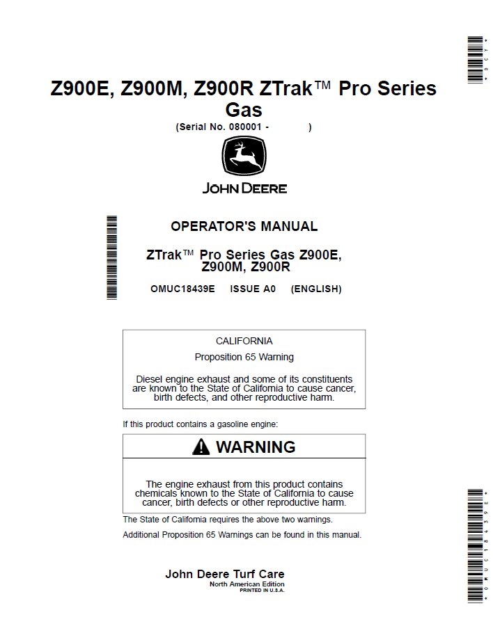 OMUC18439E John Deere Z900 ZTrak Pro Gas Operator Manual