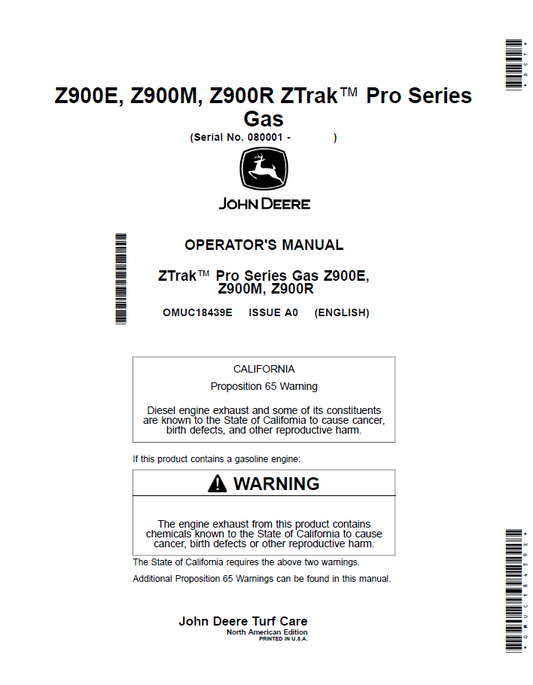 OMUC18439E John Deere Z900 ZTrak Pro Gas Operator Manual