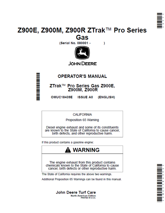 OMUC18439E John Deere Z900 ZTrak Pro Gas Operator Manual