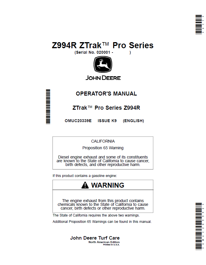 OMUC20339E - JOHN DEERE ZTRAK™ PRO SERIES Z994R OPERATOR MANUAL