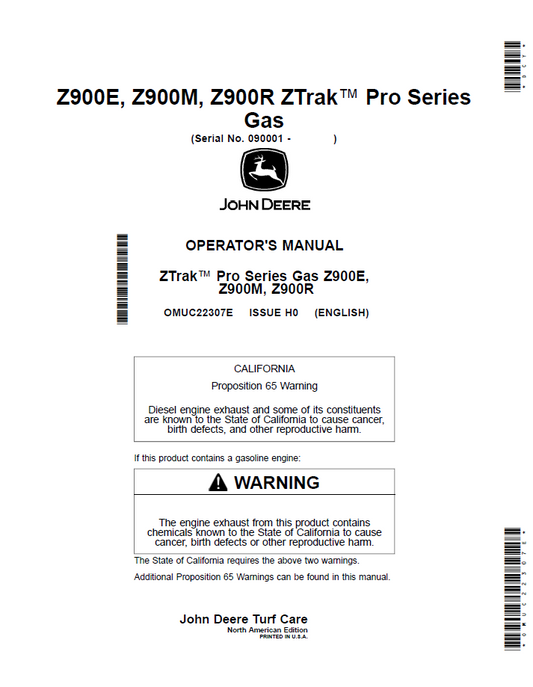 OMUC22307E - JOHN DEERE Z900E, Z900M, Z900R ZTRAK™ PRO SERIES GAS OPERATOR MANUAL