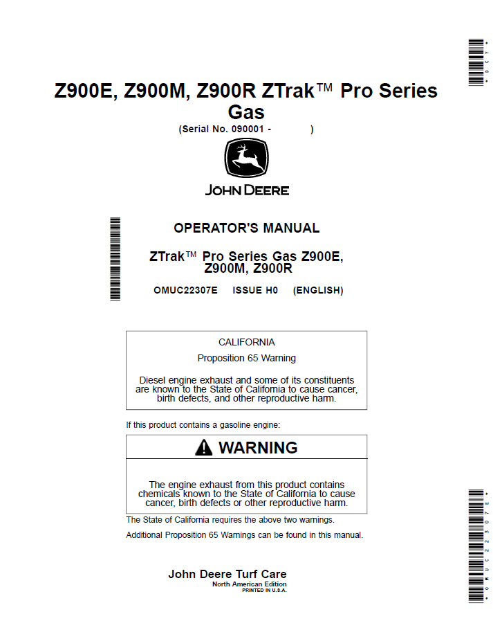 OMUC22307E John Deere Z900E, Z900M & Z900R ZTrak Pro Gas Manual
