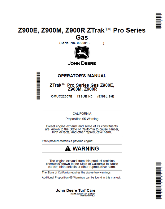 OMUC22307E John Deere Z900E, Z900M & Z900R ZTrak Pro Series Gas Operator Manual PDF