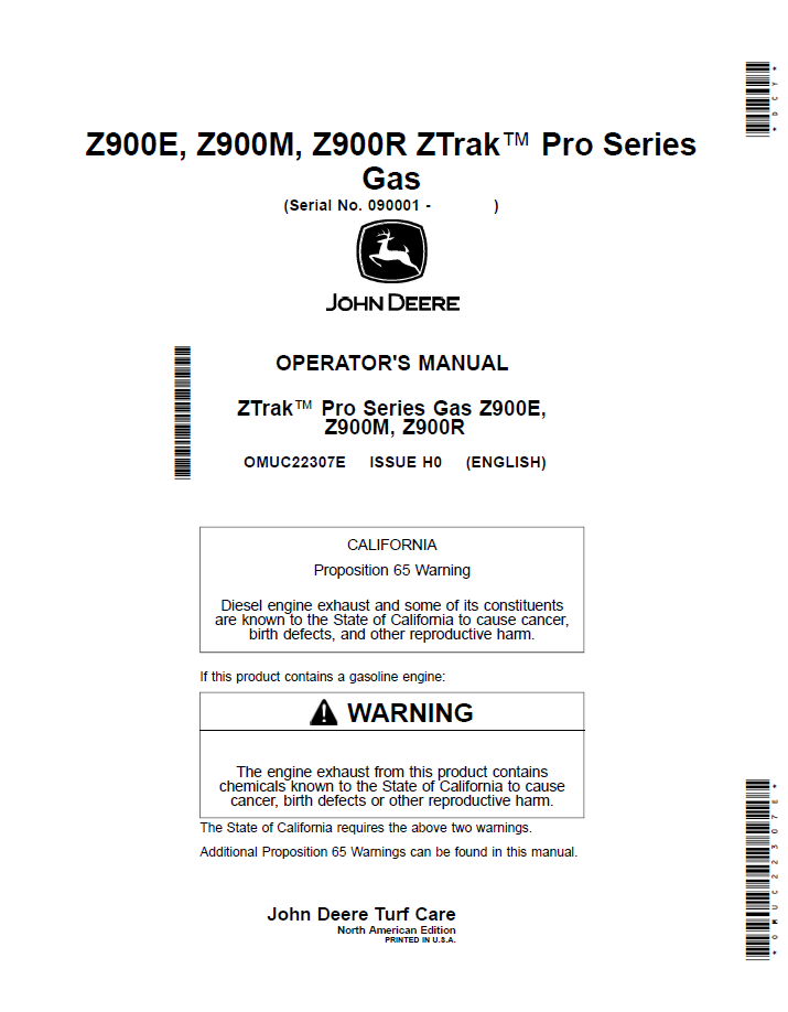 OMUC22307E John Deere Z900 Series ZTrak Pro Gas Operator Manual Guide