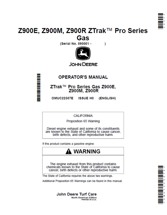 OMUC22307E John Deere Z900 Series ZTrak Pro Gas Operator Manual Guide