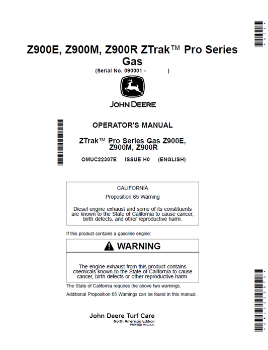 OMUC22307E John Deere Z900 ZTrak Pro Gas Operator Manual