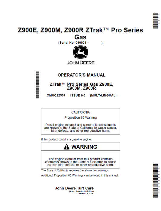 OMUC22307 - JOHN DEERE Z900E, Z900M, Z900R ZTRAK™ PRO SERIES GAS OPERATOR MANUAL