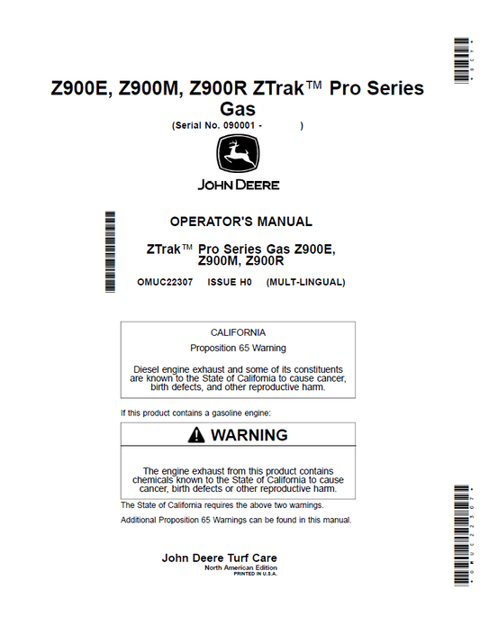 OMUC22307 John Deere Z900E Z900M Z900R ZTrak Gas Manual Guide