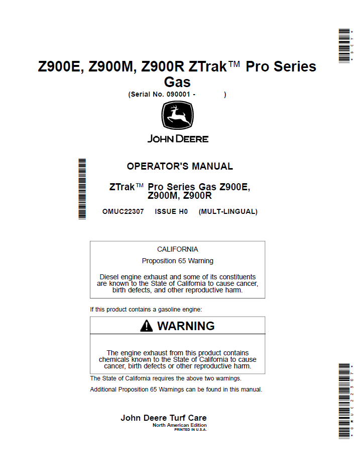 OMUC22307 John Deere Z900E Z900M Z900R ZTrak Pro Gas Operator Manual
