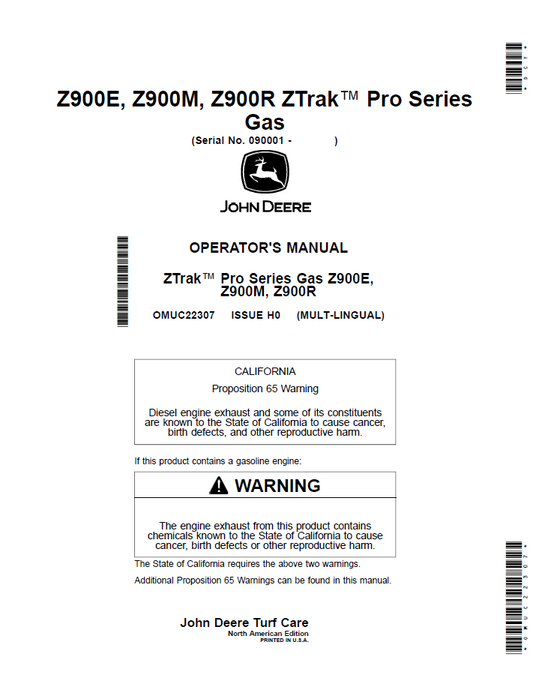 OMUC22307 John Deere Z900E Z900M Z900R ZTrak Pro Gas Operator Manual