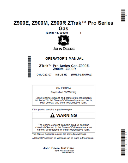 OMUC22307 John Deere Z900E Z900M Z900R ZTrak Pro Series Operator Manual