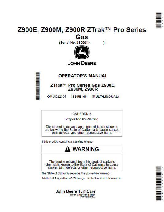OMUC22307 John Deere Z900 ZTrak Pro Gas Operator Manual Guide
