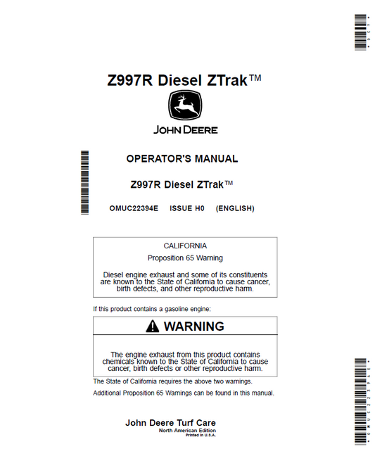 OMUC22394E John Deere Z997R Diesel ZTrak Operator Manual PDF Download