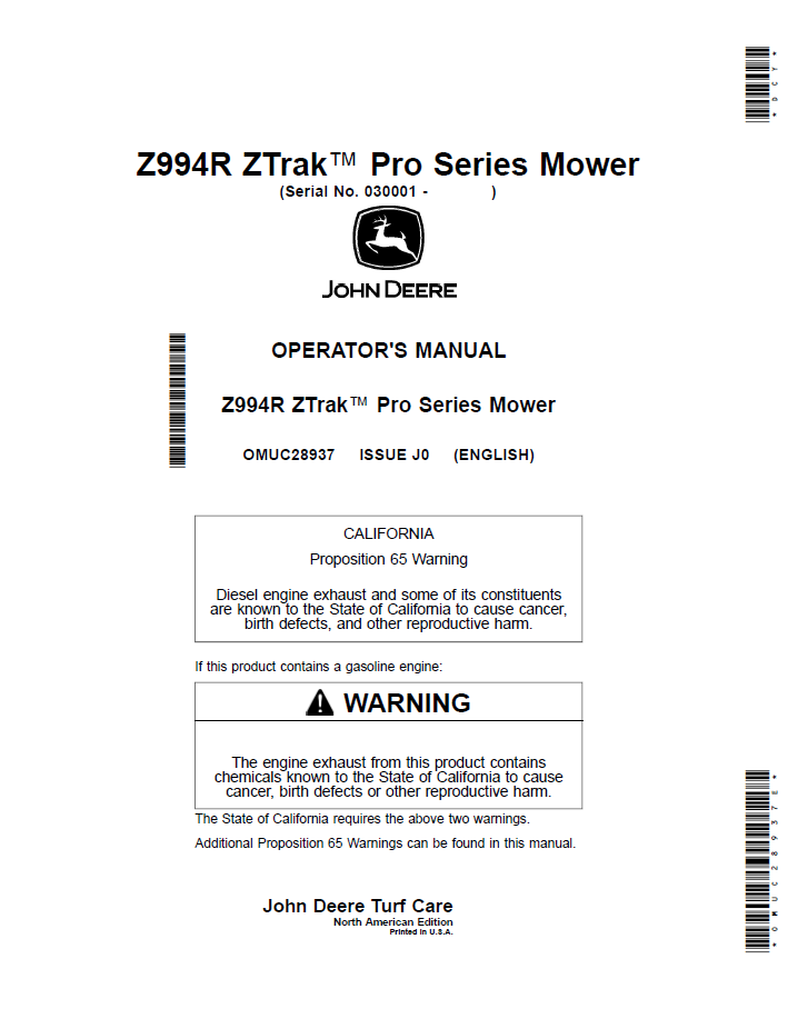 OMUC28937 - JOHN DEERE Z994R ZTRAK™ PRO SERIES MOWER OPERATOR MANUAL